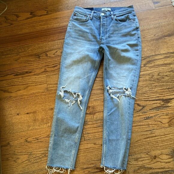 Redone Originals 90’s High Rise Crop Button Fly Destroyed Frayed Hem Jeans Sz 28 - Picture 2 of 14